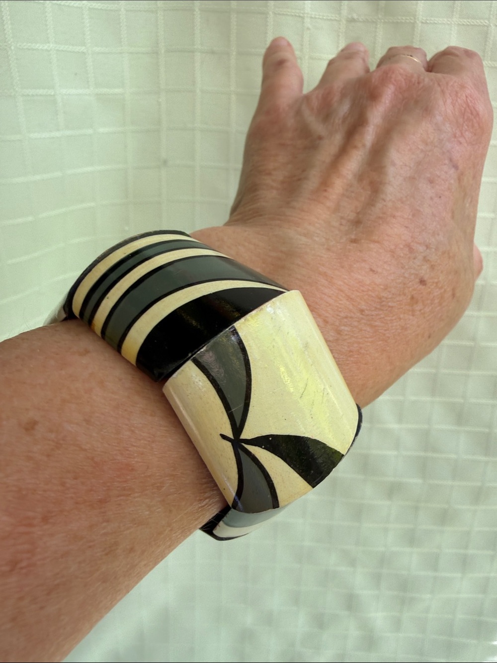 Vintage Black & Cream Patterned Cuff Wooden Bracelet with Smooth Finish - Picture 1 of 6